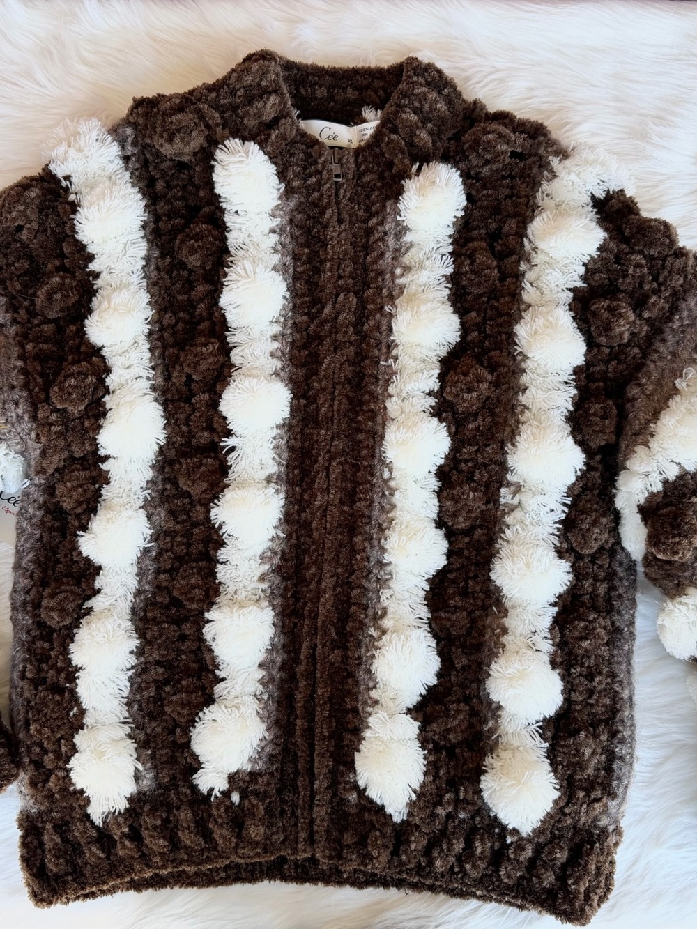 Vintage 90s Cee Brown Stripe Pom-Pom Fuzzy Zip Jacket Novelty Knit XL - Picture 13 of 13